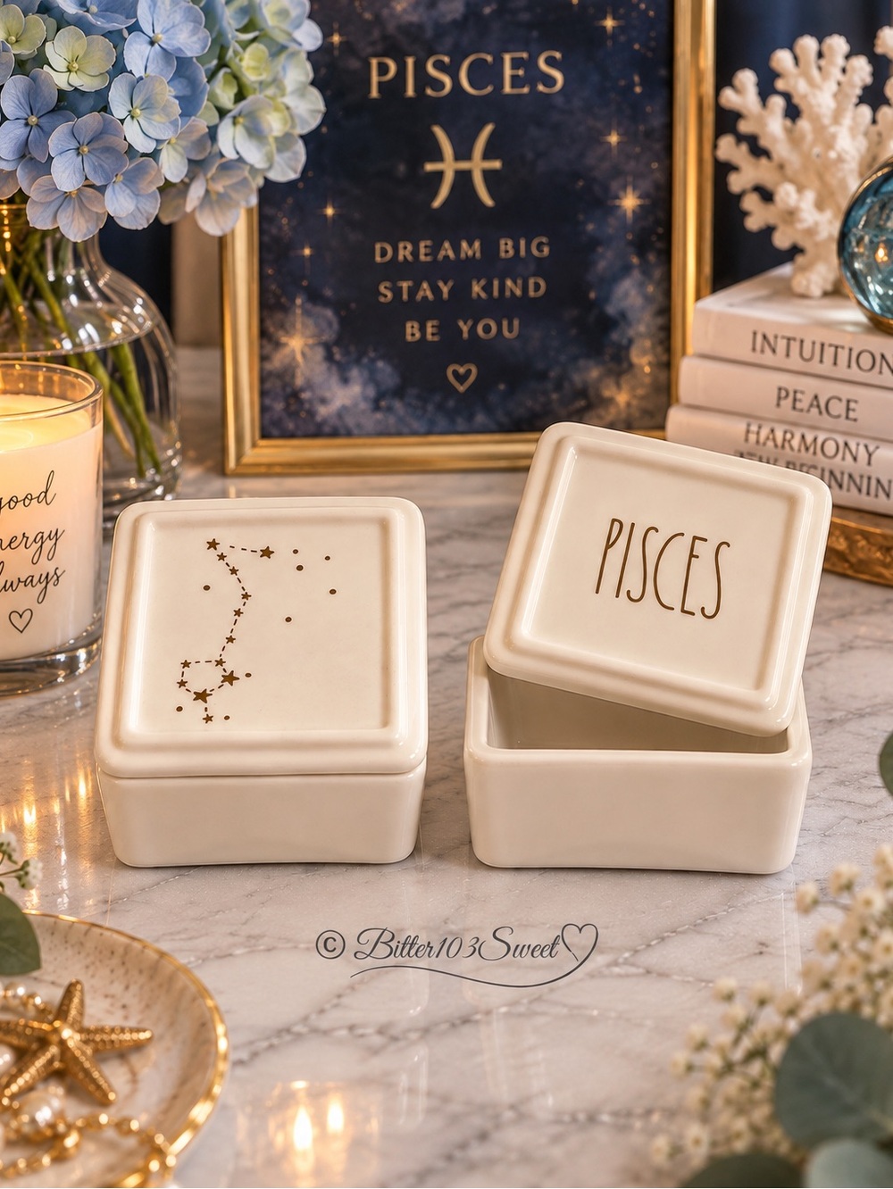 Pisces ♓️ Zodiac Ceramic Trinket Boxes Set of 2 Astrology Constellation NIB